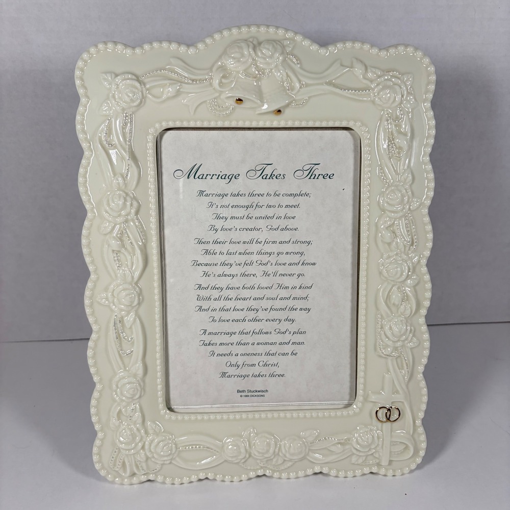 Dicksons Ceramic Wedding Picture Frame Cream Gold Floral Cross Bells Gift